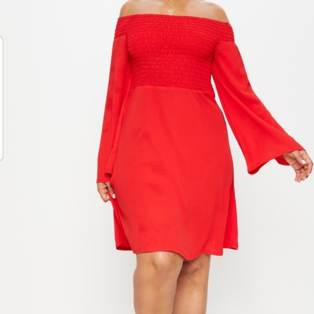 Plus Red Shirred Bardot Swing Dress